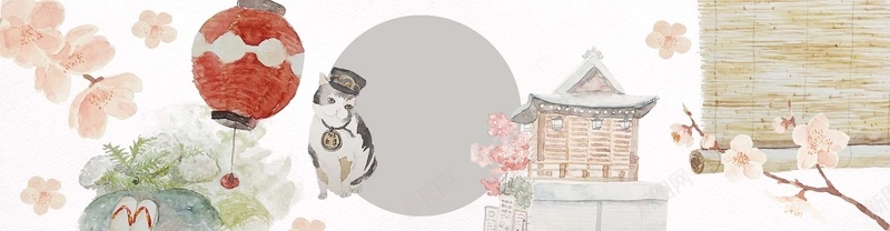 水彩日式元素bannerjpg设计背景_88icon https://88icon.com 小日本 小猫 日本建筑 日本猫 水彩 海报banner 花朵 花纹