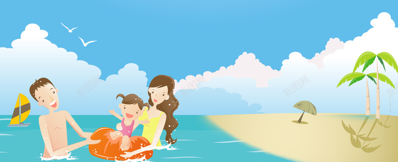 暑期全家海边游泳卡通童趣蓝色背景背景