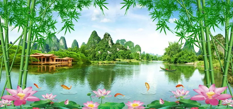 山水风景画jpg_88icon https://88icon.com 凉亭 山水画 摄影 海报banner 白云 竹叶 竹子 绿竹 荷叶 荷花 蓝天 风景 风景画 鱼