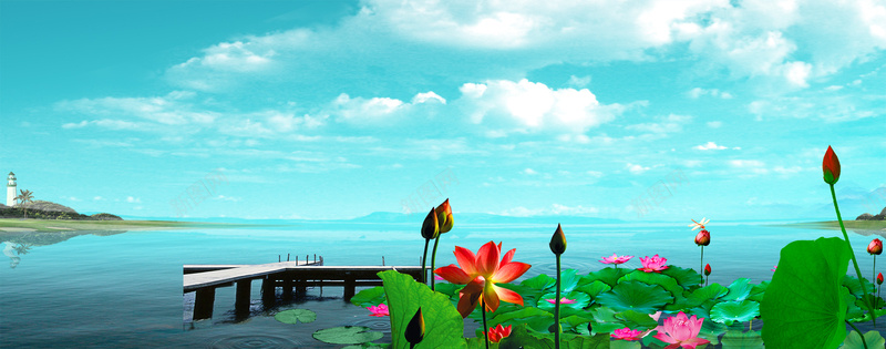 湖面banner背景psd_88icon https://88icon.com 天空 摄影 海报banner 湖面 荷花 风景