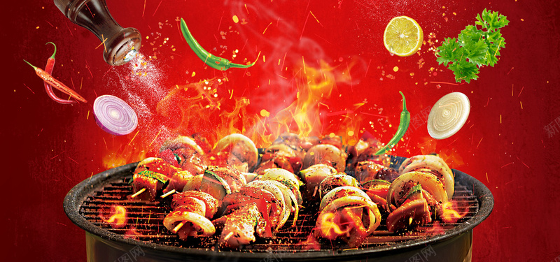 烧烤烤肉红色过年海报背景背景