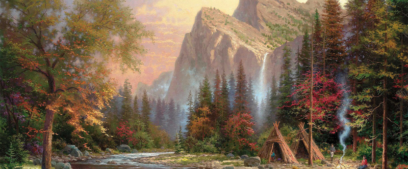 油画粉彩森林溪水高山背景