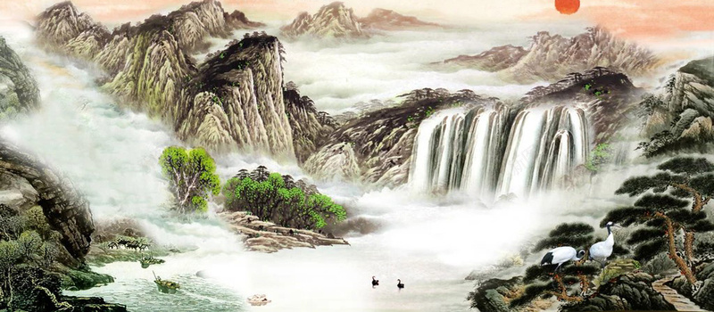 水墨山水风景画jpg设计背景_88icon https://88icon.com 中国风 天鹅 山水画 松树 水墨画 海报banner 瀑布 落日 迷雾 风景画