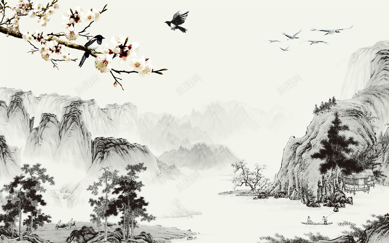 中国风山水水墨画海报背景jpg设计背景_88icon https://88icon.com 中国画 中国风 大气 山水 山水画 梅花 水墨 海报 背景素材 远山