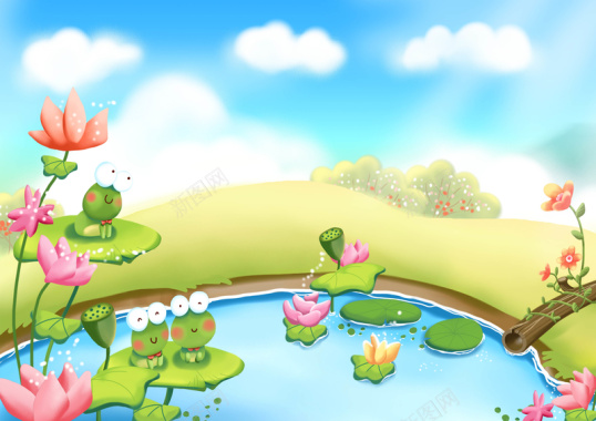 手绘幼儿园插画池塘青蛙蓝天背景背景