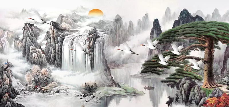 水墨风景画jpg设计背景_88icon https://88icon.com 中国风 仙鹤 古风船 山峰 山水画 松树 水墨画 海报banner 瀑布 船 落日