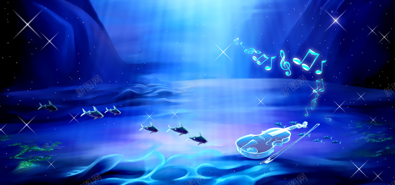 蓝色梦幻banner背景psd设计背景_88icon https://88icon.com anner背景 banner背景 光线 大提琴 星光 梦幻 海底 温暖 蓝色 音乐 音符 鱼