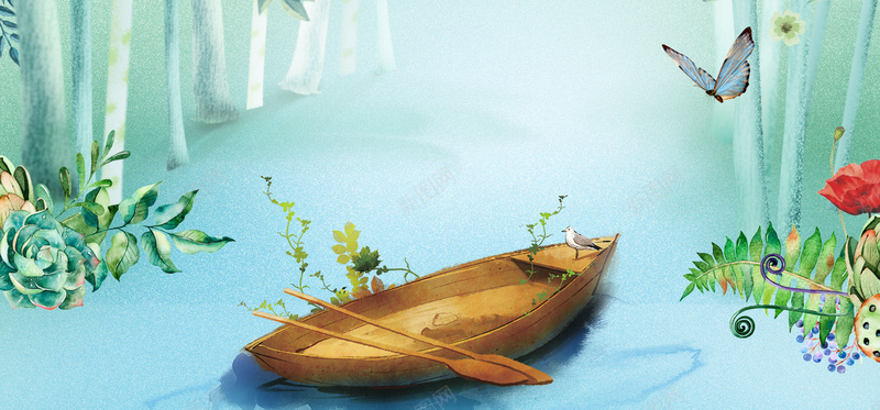 夏季划船出游绿色手绘背景背景