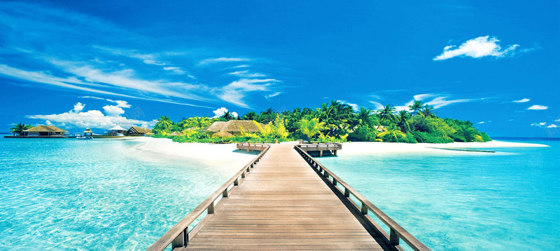 蓝天下的海景jpg_88icon https://88icon.com 摄影 椰树林 海上的小岛 海上的木桥 海报banner 白云 草屋 蓝天 风景