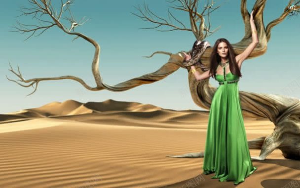 沙漠绿裙美女背景