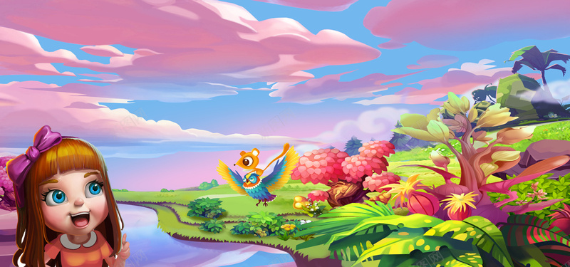 卡通画之绿色的田野风景psd设计背景_88icon https://88icon.com 卡通 卡通画 女孩 小河 彩色的天空 彩色的树 手绘 松树 海报banner 童趣 绿色的田野 老鹰 草坪