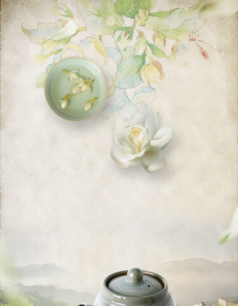 茉莉花茶中国风宣传海报H5背景psdpsd设计背景_88icon https://88icon.com h5 中国风 品茶 宣传海报 清新 花朵 花苞 茉莉花 茉莉花茶 茶叶 茶水 茶艺 茶道 饮茶