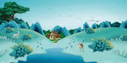 创意山树蓝色唯美手绘乡村旅游广告海报高清图片