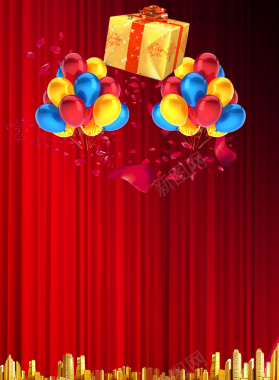 红色帘幕上的彩色气球和礼盒背景背景