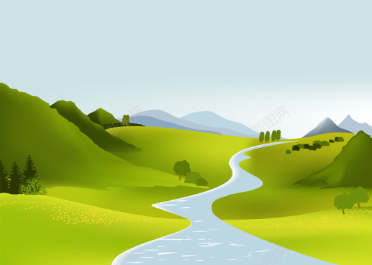 绿色清新弯弯小河唯美背景矢量图背景