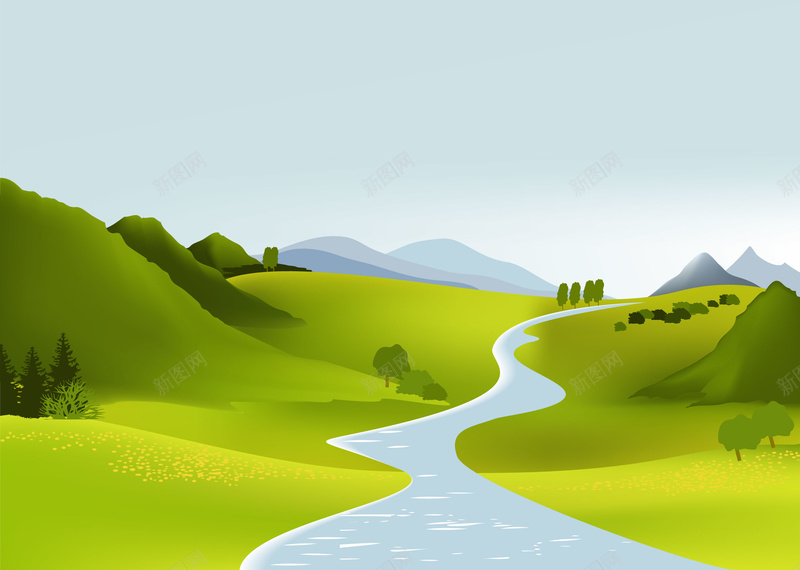 绿色清新弯弯小河唯美背景矢量图eps设计背景_88icon https://88icon.com 卡通 小山矢量背景 手绘 清新 童趣 绿色 蓝色小河 矢量图