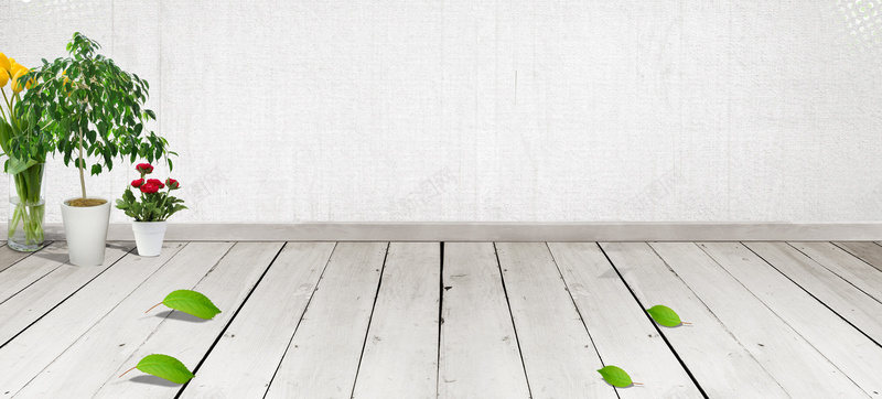 清新简约绿叶现代木板纹理平面广告背景