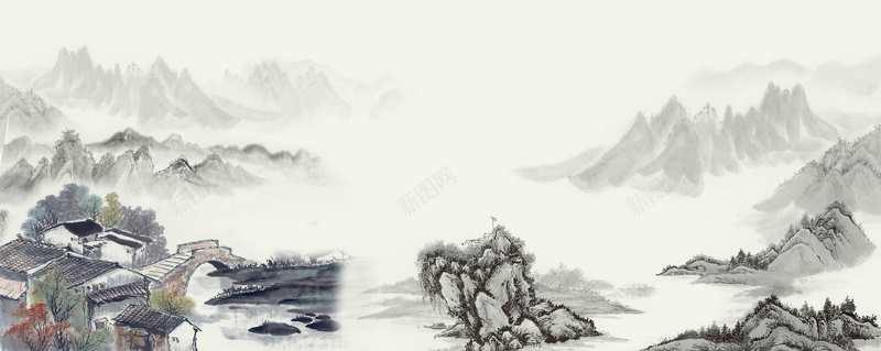 山水情中国传统水墨山水画海报背景背景