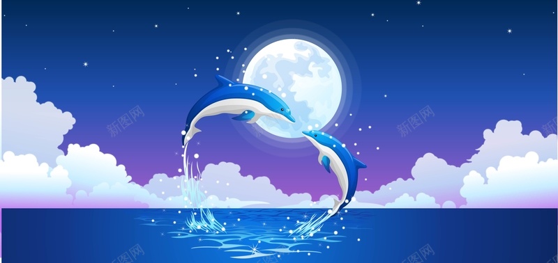 浪漫月光海豚矢量背景背景