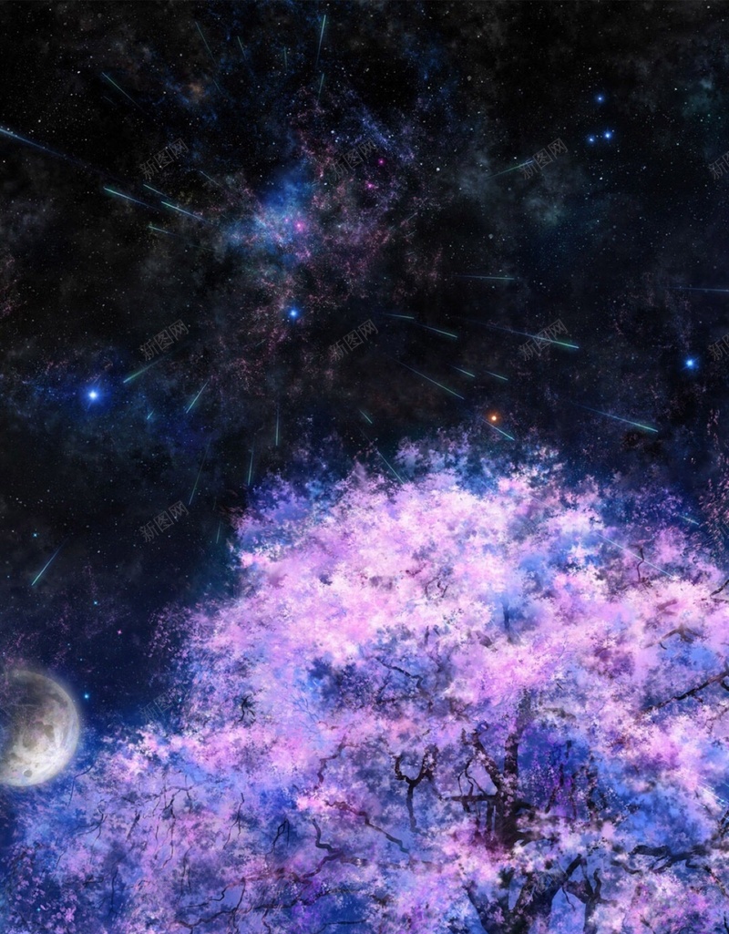 星空下的樱花H5背景jpg设计背景_88icon https://88icon.com H5 H5背景 h5 动漫 卡通 手绘 星云 星海 星空 星际 月亮 樱花 漫画 童趣 风景