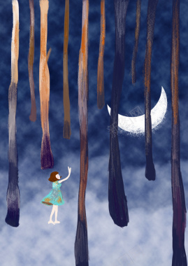 手绘寻找月亮的女孩插画背景