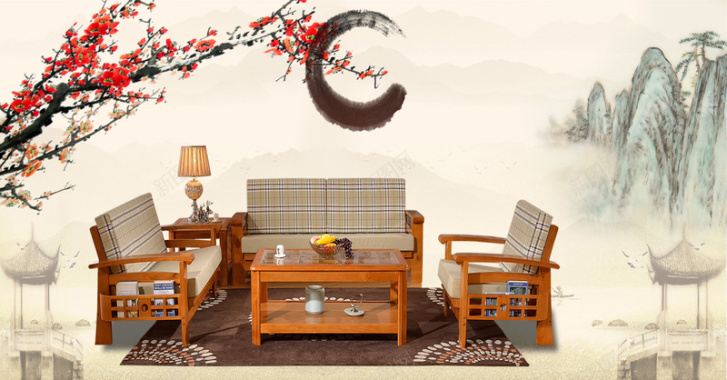中国风梅花水墨山水中式家具海报背景背景