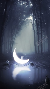 林下月亮兔子插画H5背景背景