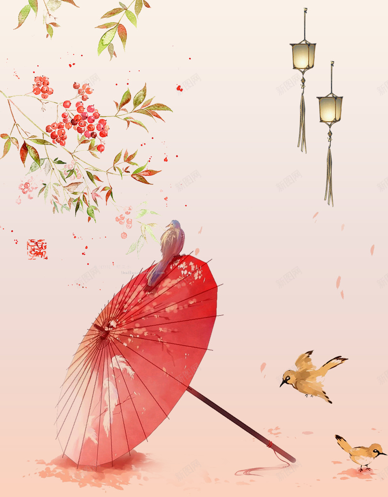 水墨彩绘海报背景psd设计背景_88icon https://88icon.com 云烟 古风 宫灯 小鸟 彩绘 手绘 水墨 油纸伞 海报 背景