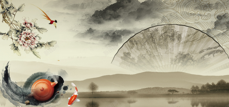 水墨山复古中国风海报背景背景