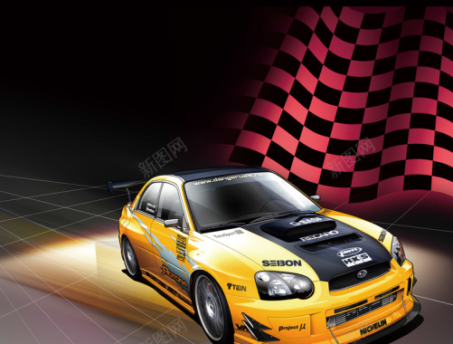 黄色赛车红黑格子扁平海报背景背景