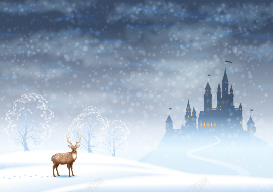 圣诞节冬季城堡麋鹿云层深蓝色矢量背景图背景