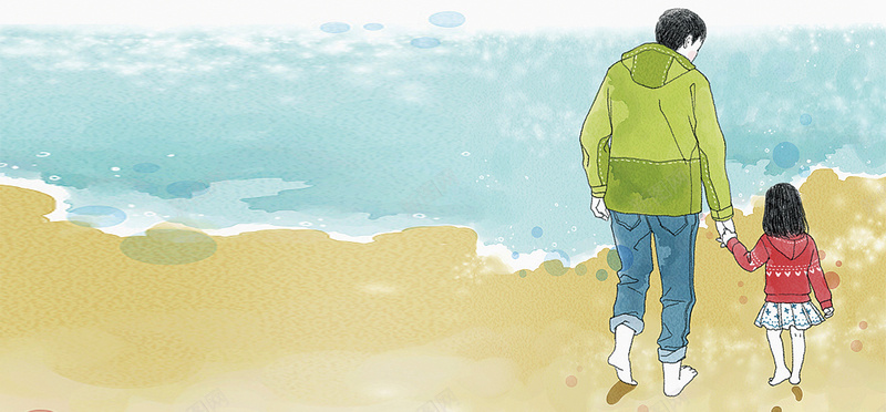 父亲节插画童趣父女脚印沙滩海浪分层背景背景