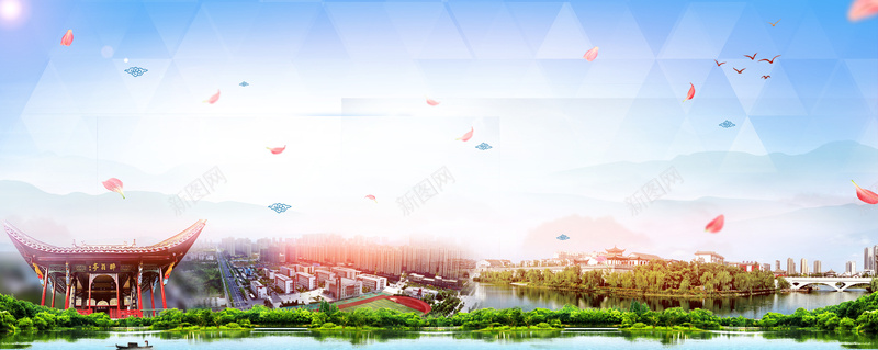 环保绿色城市背景jpg设计背景_88icon https://88icon.com 卫生 城市 太阳 建筑 树林 水面 环保 祥云 绿色 花瓣 飞鸟