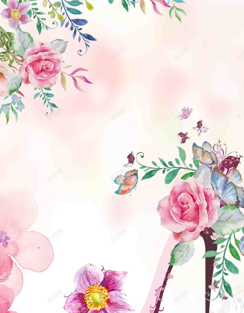 手绘高跟鞋上新海报背景模板psd设计背景_88icon https://88icon.com 上新 唯美 手绘 春天 浪漫 海报 背景素材 花卉 高跟鞋