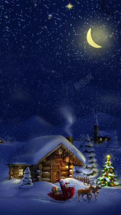 圣诞节月光卡通蓝色星空雪地礼物圣诞节平安夜高清图片