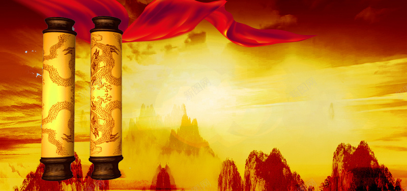 中国风红色金黄色阳光丝绸圣旨龙纹卷轴海报banner背景