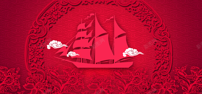 红色剪纸航船背景背景