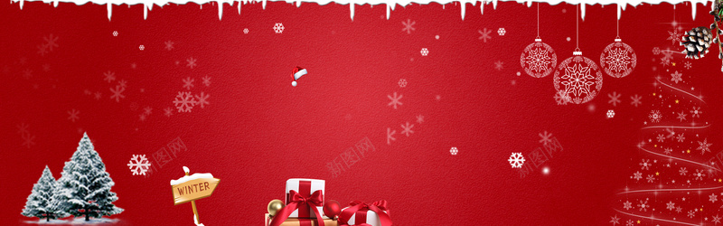 圣诞节礼物盒雪花红色banner背景