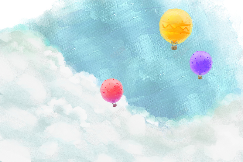 手绘蓝天热气球背景jpg设计背景_88icon https://88icon.com 云朵 卡通 天空 手绘 水彩 热气球 童趣 蓝色