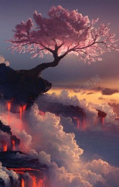 绚丽晚霞下的富士山樱花树背景摄影图片