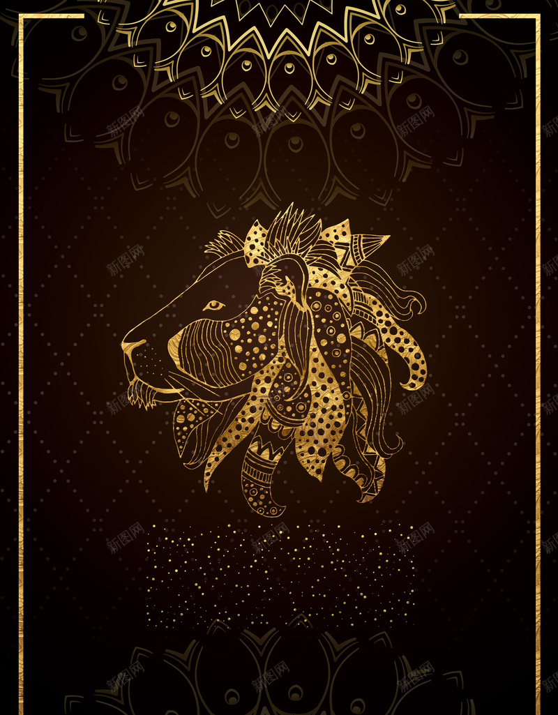 金色十二星座创意挂画狮子座海报jpg设计背景_88icon https://88icon.com 十二星座挂画 占星 星座占卜 星座海报 深棕色渐变背景 狮子座 花纹 边框 金色