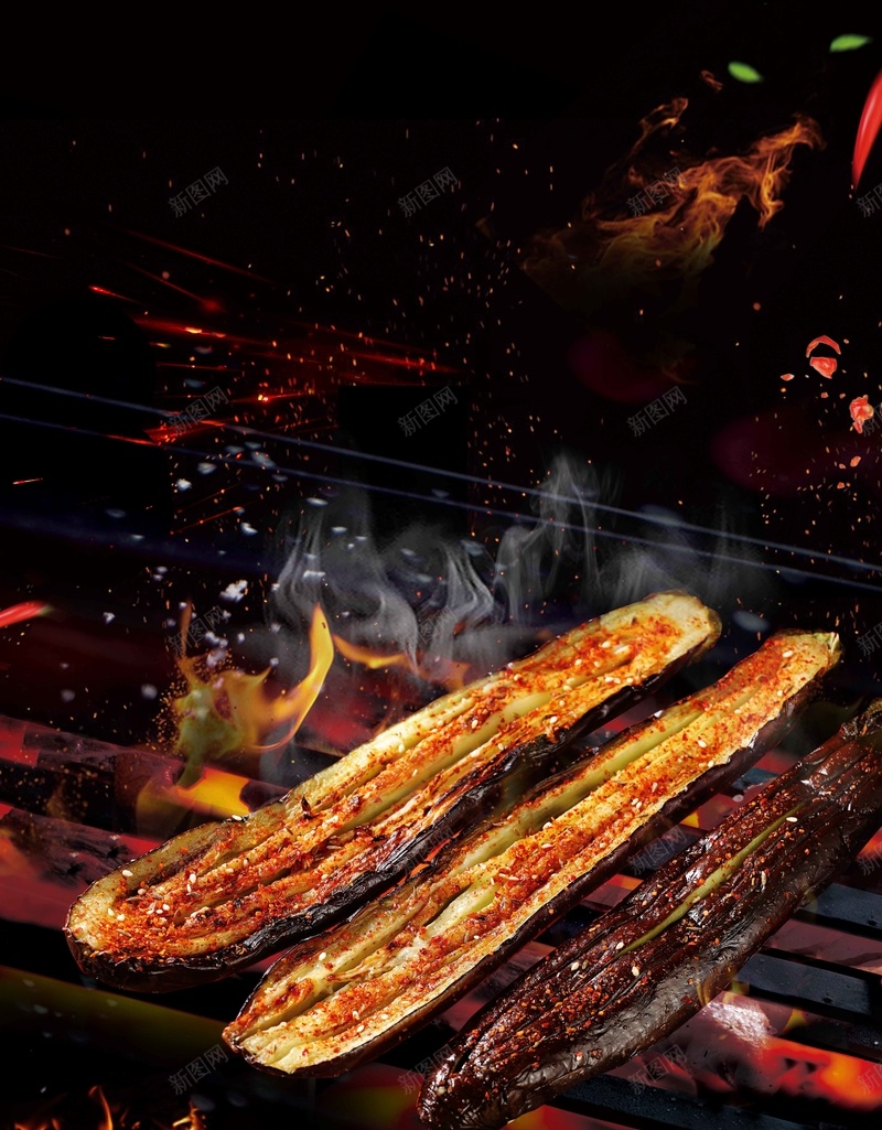 黑色烧烤烤茄子美食psd设计背景_88icon https://88icon.com 火焰 烟雾 烤茄子 烧烤 烧烤架 美食 茄子 食物 黑色