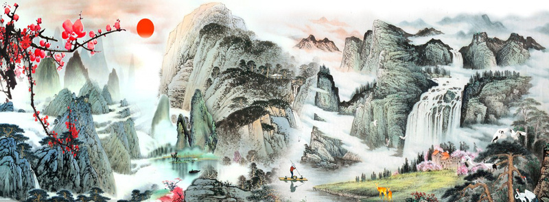 山水风景画jpg设计背景_88icon https://88icon.com 中国风 仙鹤 农村 国画 小鹿 山 山峰 山水画 梅花 海报banner 瀑布