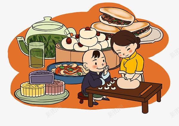 中秋插画png免抠素材_88icon https://88icon.com 中秋素材 做月饼 卡通 月饼 茶