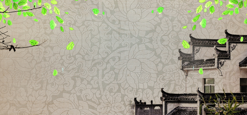 中国风徽式建筑风绿叶纹理灰色背景背景