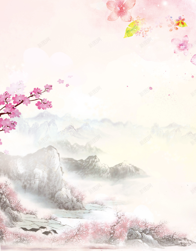 水墨风桃花林海报背景psdpsd设计背景_88icon https://88icon.com psd 桃花林 水墨画 水墨风 海报背景 花 花瓣 装饰画 远山