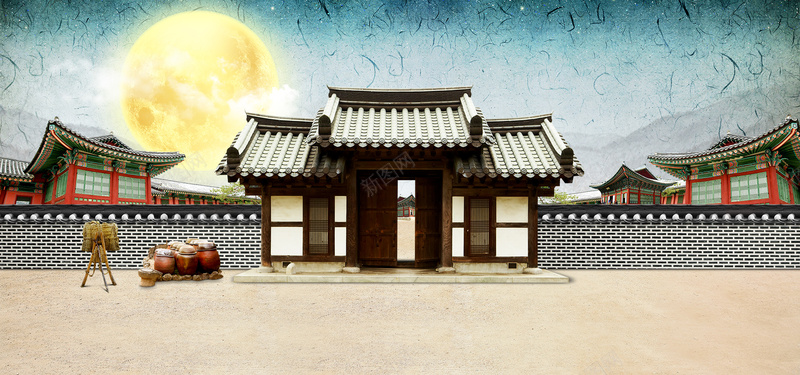 中国风传统月亮中秋古老瓦房瓦罐大门海报banner背景