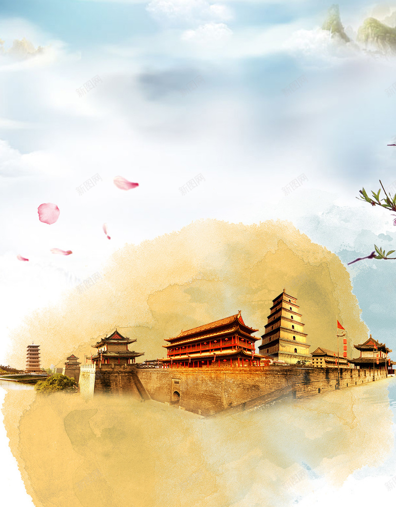 中国风西安旅游景点宣传H5背景psd设计背景_88icon https://88icon.com H5 h5 中国风 城墙 塔 天空 旅游 西安