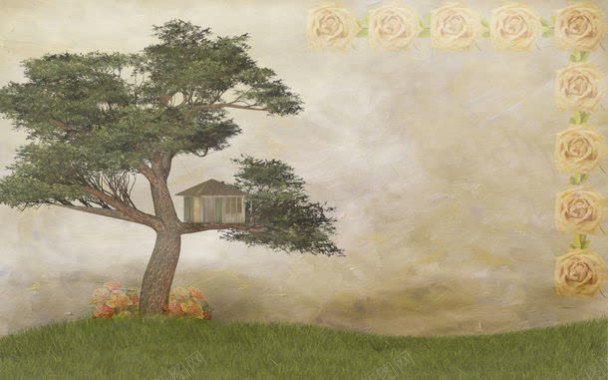 树木与花纹边框背景