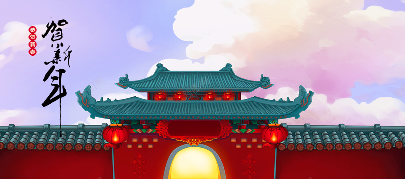 新年春节红色手绘中国风电商城门banner背景